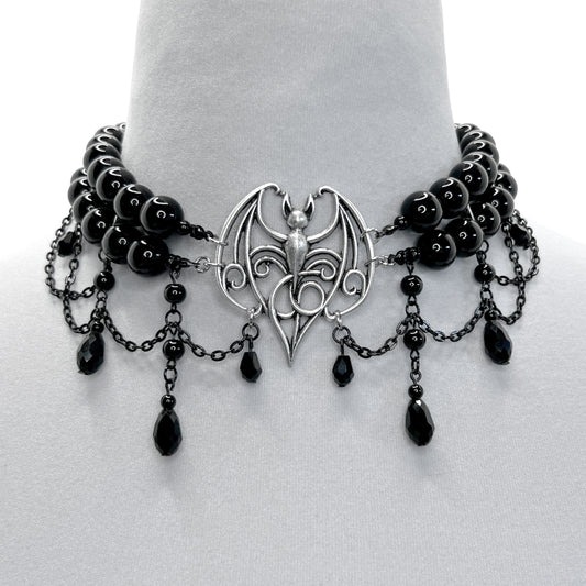 Large SIlver Bat and Black Glass Bead Necklace