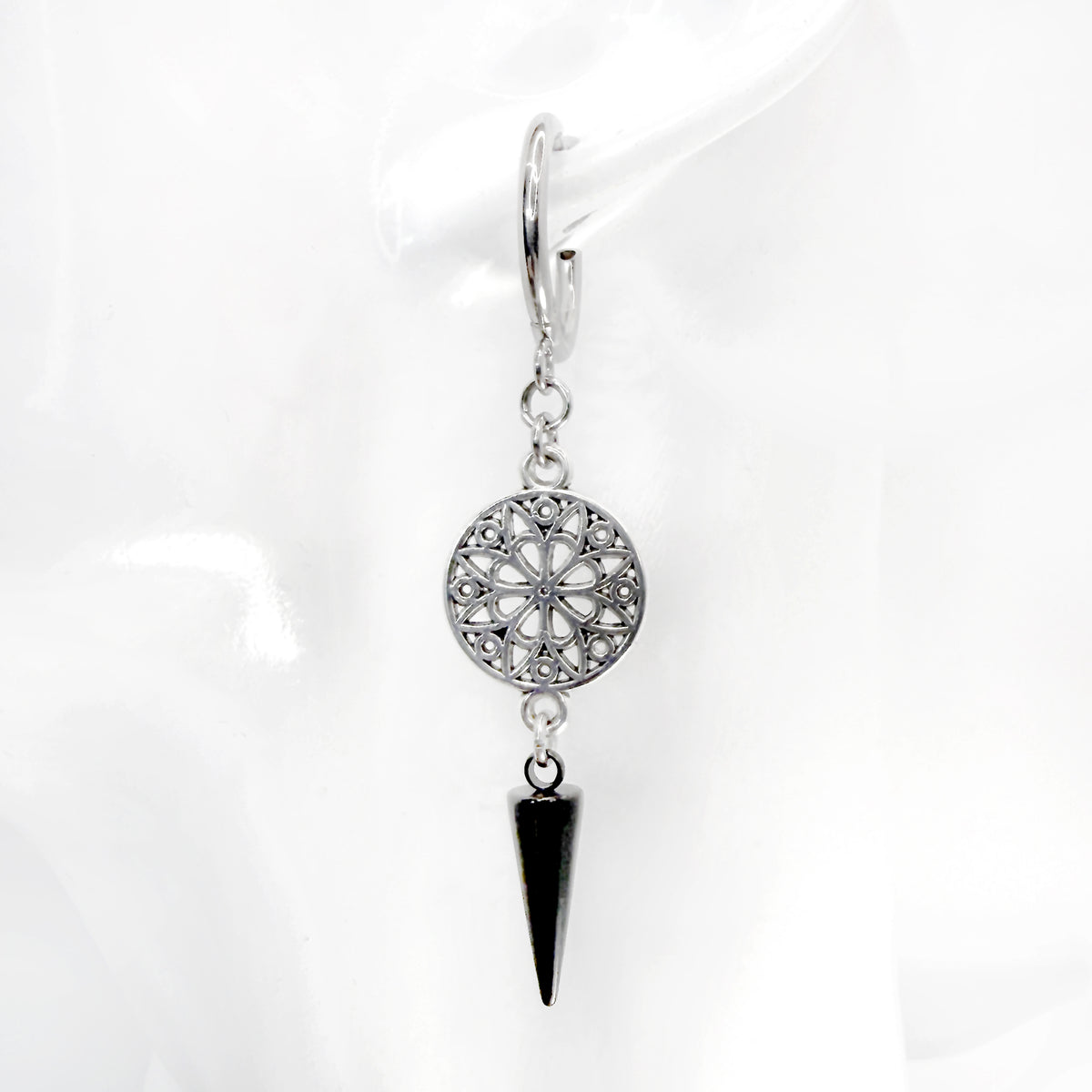 Silver Rose Window and Black Spike Earrings