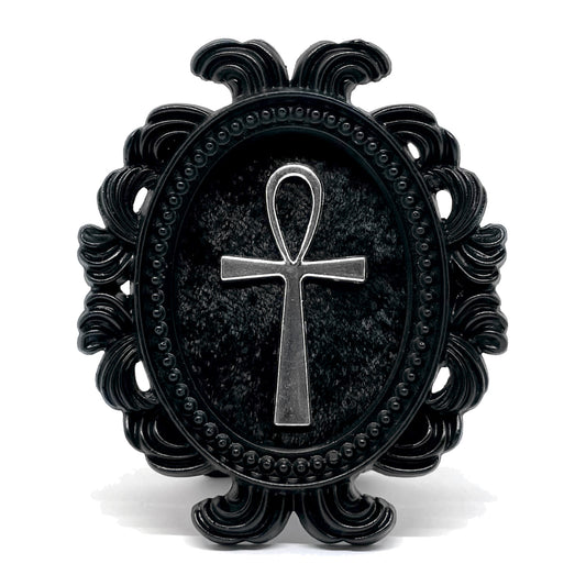 Small Black Resin Oval Frame with Silver Ankh on Black Velvet Gothic Home Deco