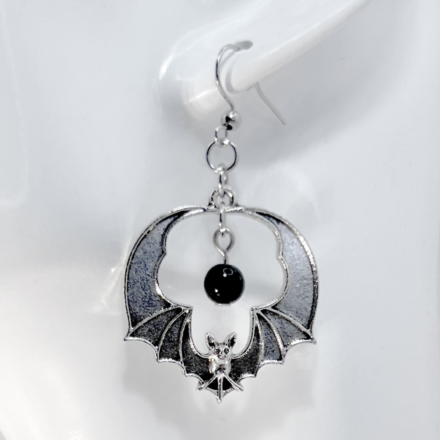 Silver Circle Bat and Bead Earrings