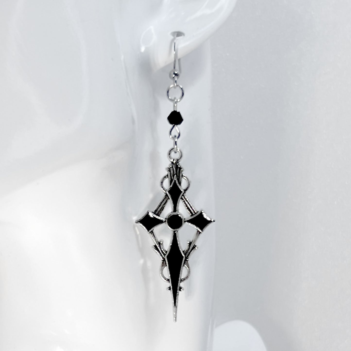 Silver and Black Pointed Gothic Cross and Bead Earrings