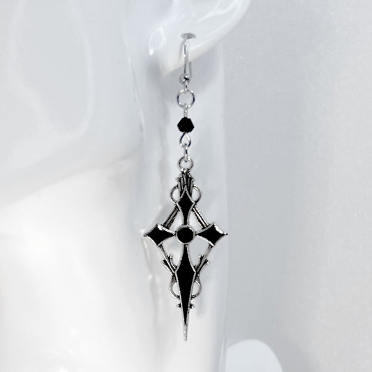 Silver and Black Pointed Gothic Cross and Bead Earrings