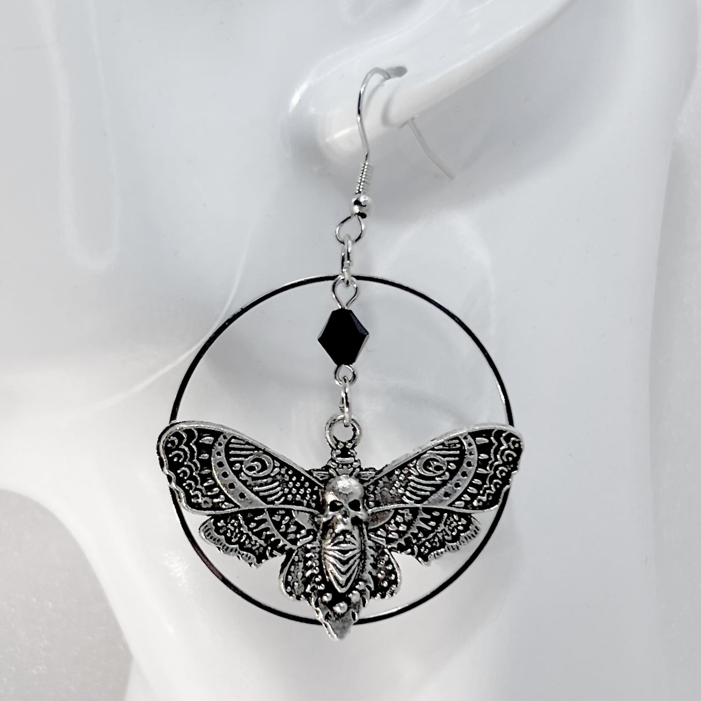 Silver Death Head Moth and Black Bead Earrings