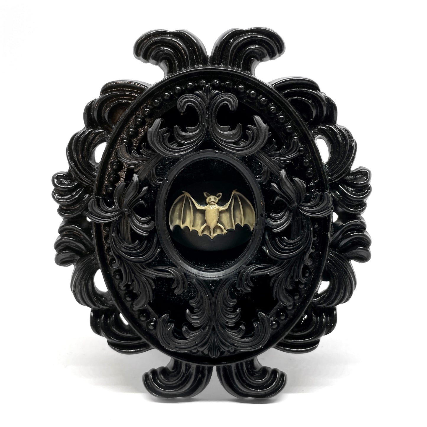 Small Black Resin Oval Frame with Antiqued Resin Bat on Black Velvet Gothic Home Deco