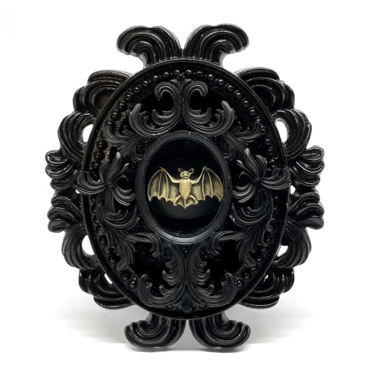 Small Black Resin Oval Frame with Antiqued Resin Bat on Black Velvet Gothic Home Deco