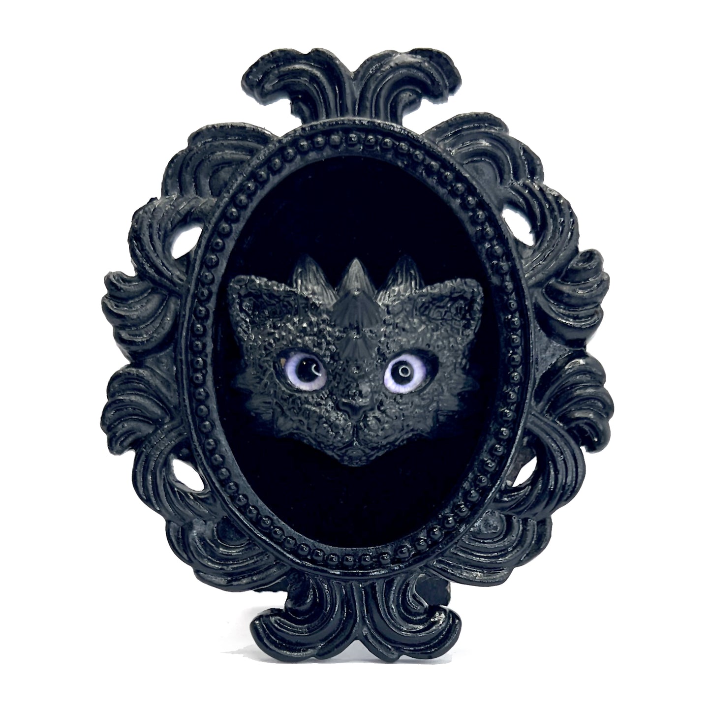 Small Black Resin Oval Frame with Black Cat Face on Black Velvet Gothic Home Deco