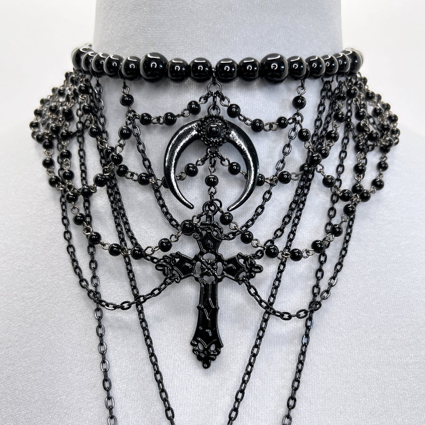 Black Multi-Strand Beaded Gothic Necklace with 4 Pendants