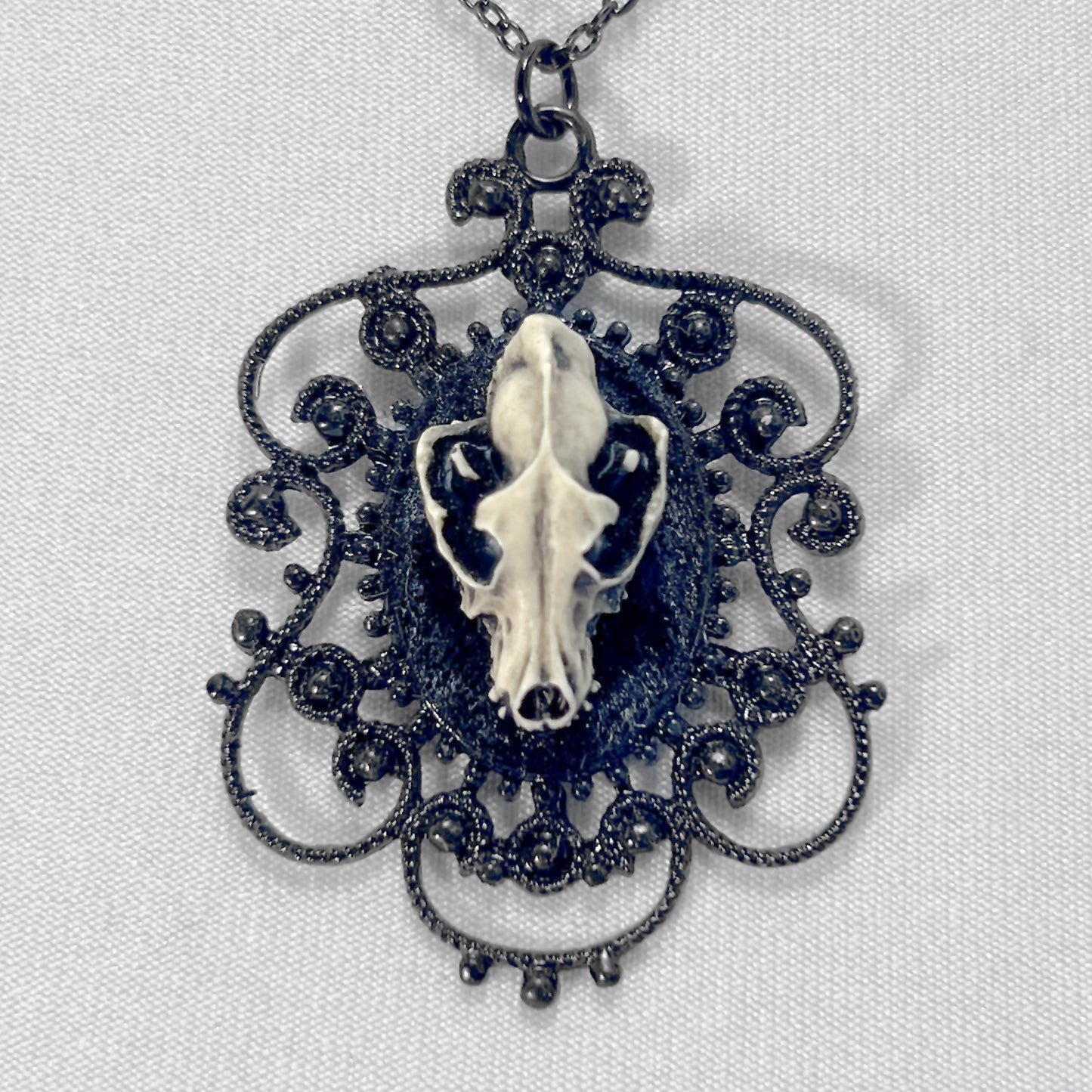 Small Resin Wolf Skull on Black Velvet Necklace
