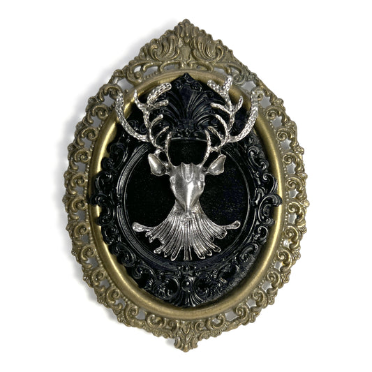 Silver Deer Head on Black Velvet Antique Framed Home Deco