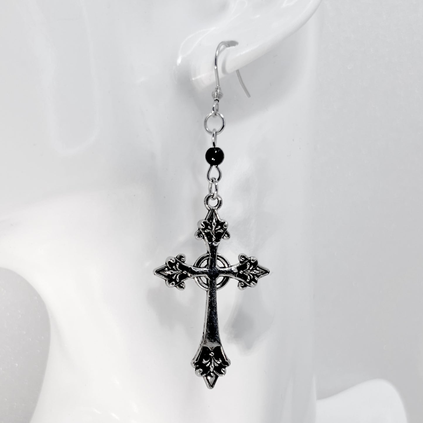 Silver Gothic Cross and Bead Earrings