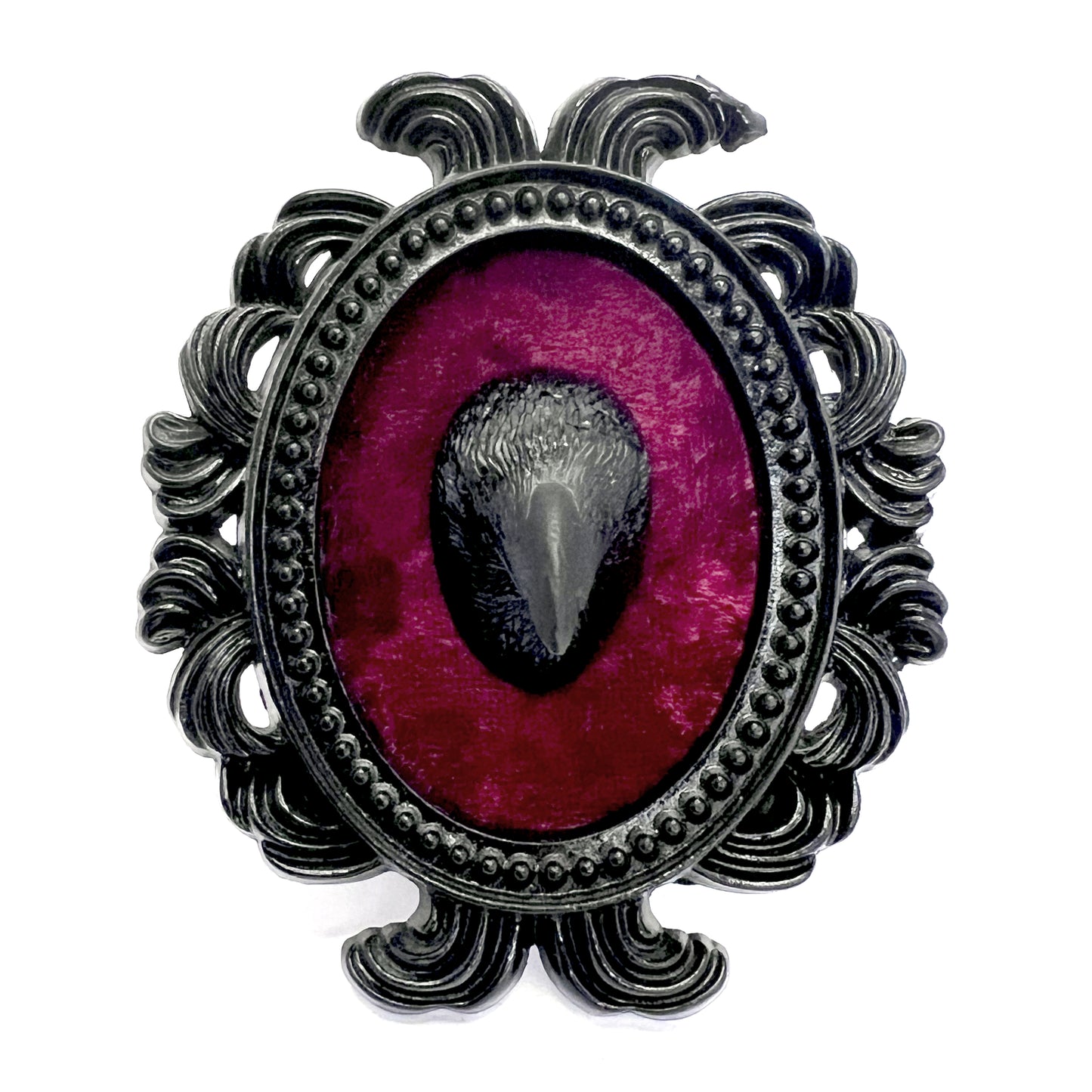 Small Black Resin Oval Frame with Crow Head on Burgundy Velvet Gothic Home Deco