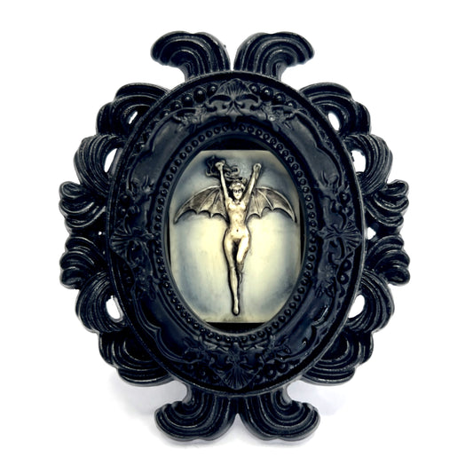 Small Black Resin Oval Frame with Bat Woman on Black Velvet Gothic Home Deco