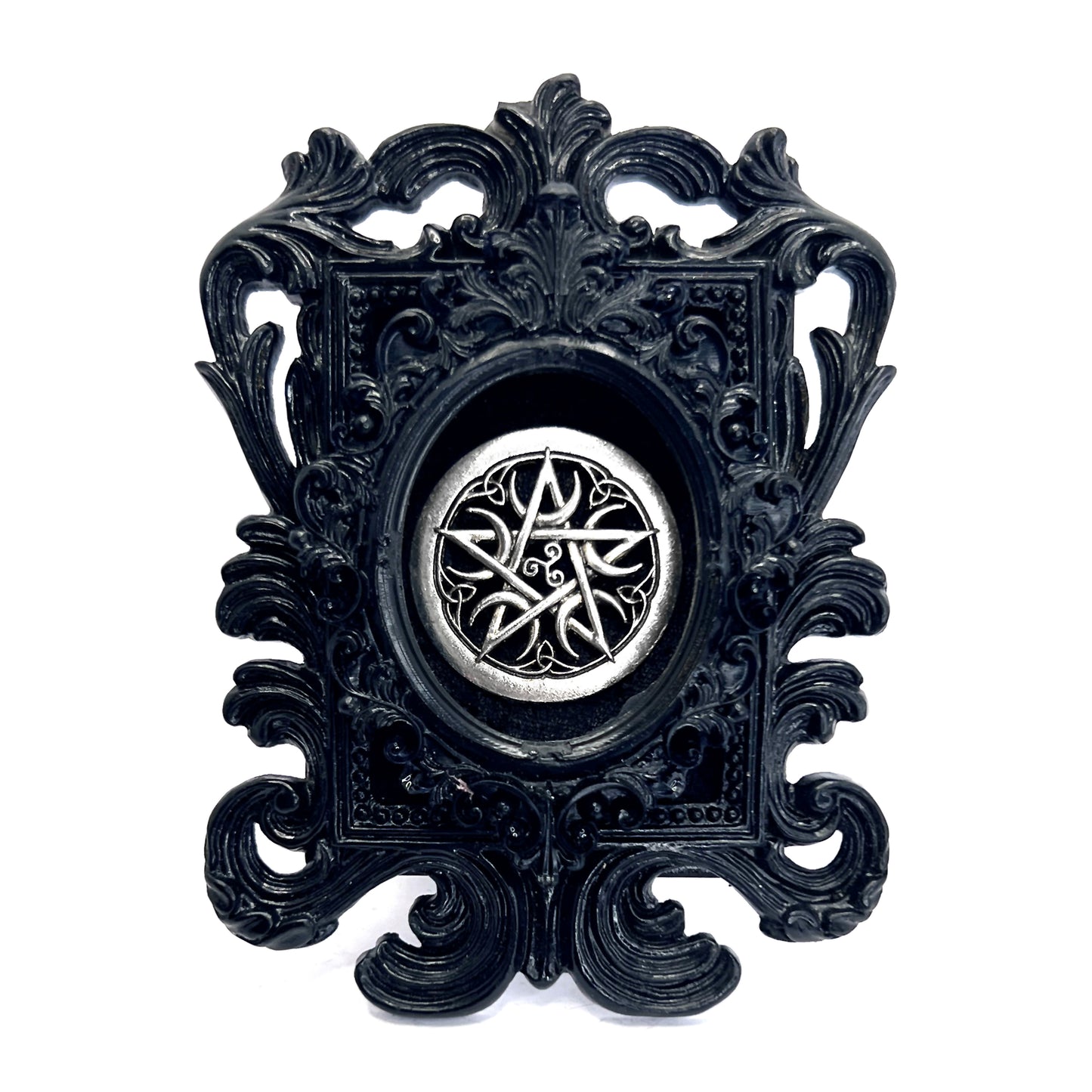 Small Black Resin Square Frame with Silver Pentacle on Black Velvet Gothic Home Deco