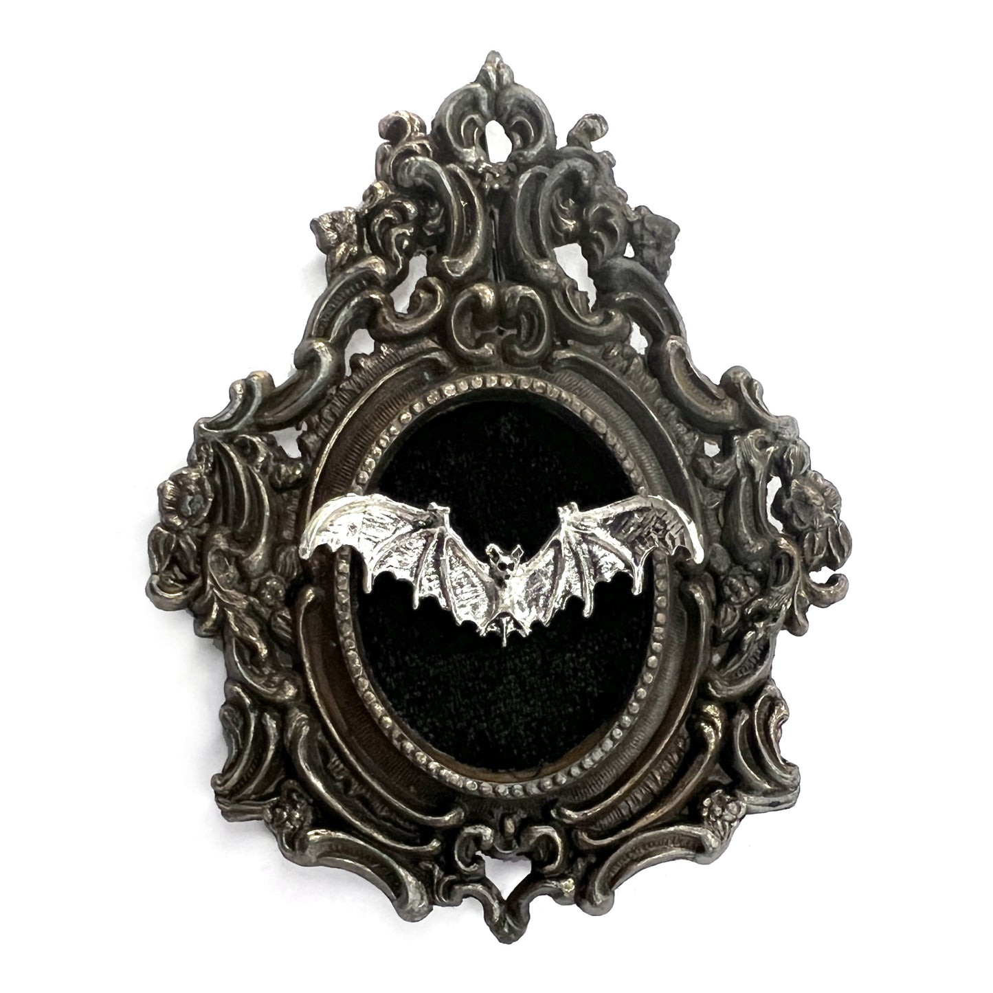 Tiny Silver Flying Bat Antique Framed Gothic Home Deco