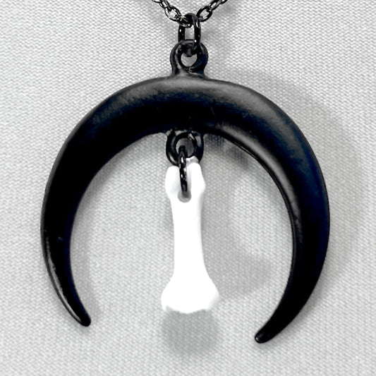 Large Black Crescent Moon and Tiny Bone Necklace