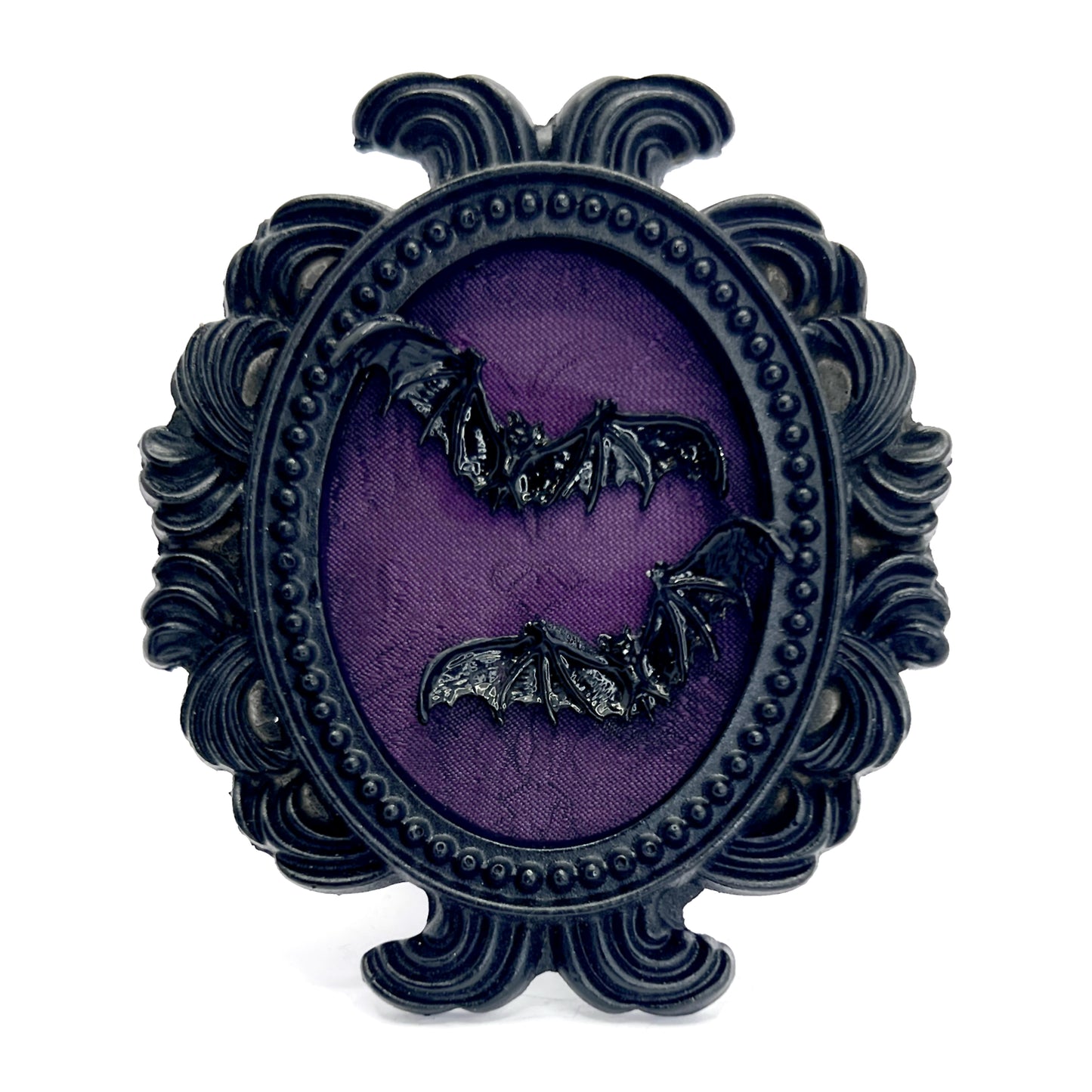 Small Black Resin Oval Frame with Flying Bats on Purple Gothic Home Deco