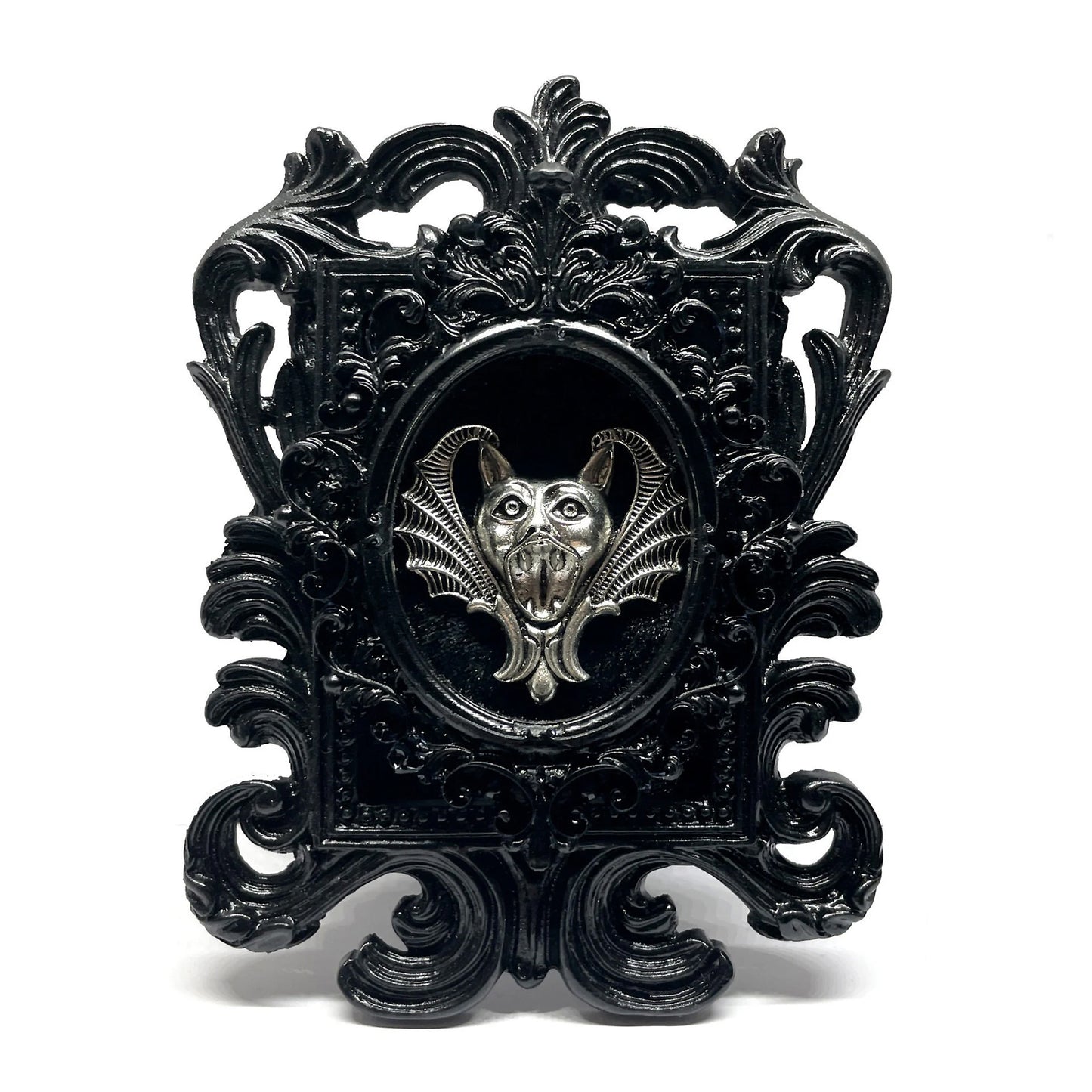 Small Black Resin Square Frame with Silver Gargoyle on Black Velvet Gothic Home Deco