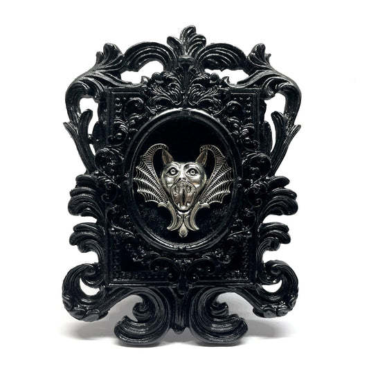 Small Black Resin Square Frame with Silver Gargoyle on Black Velvet Gothic Home Deco