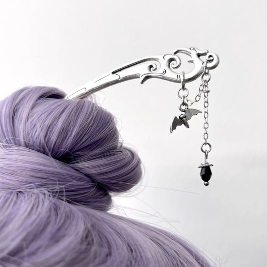Flying Bat and Black Bead Silver Hair Stick