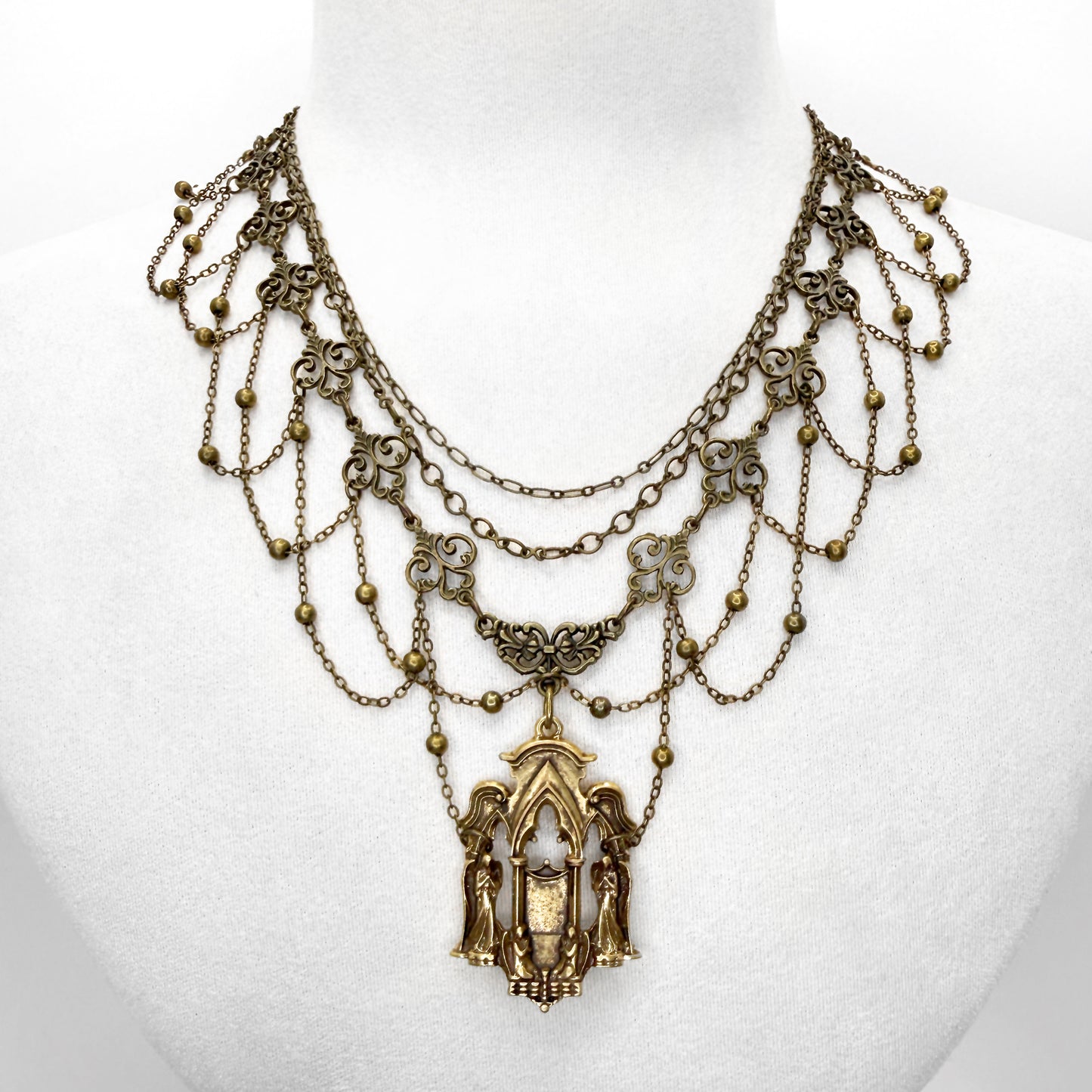 Brass and Vintage Chain Cathedral Pendant Gothic Necklace