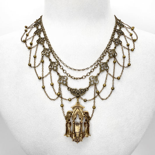Brass and Vintage Chain Cathedral Pendant Gothic Necklace