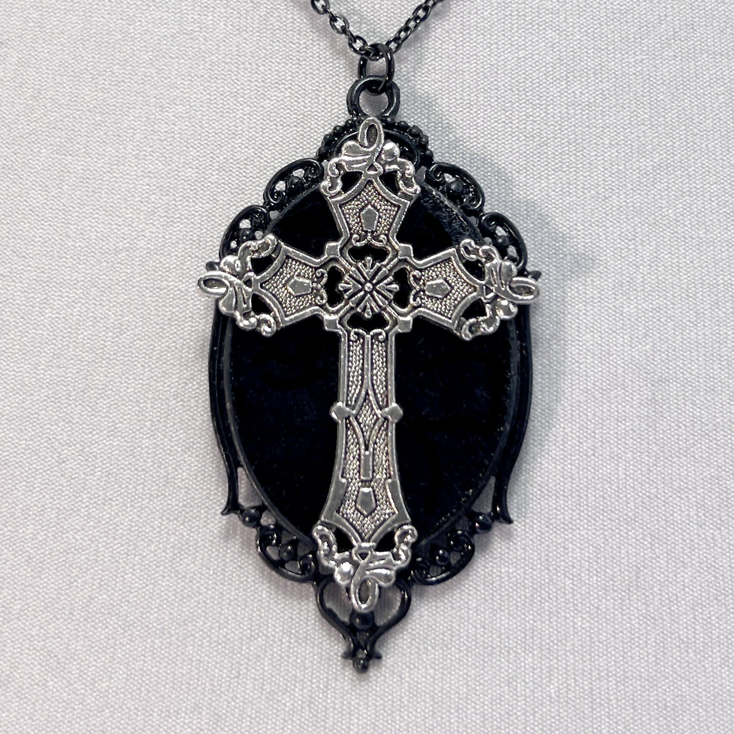 Silver Gothic Cross on Black Velvet Necklace