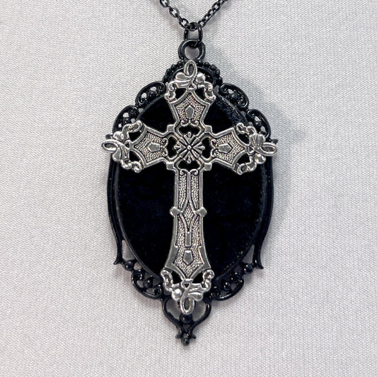 Silver Gothic Cross on Black Velvet Necklace