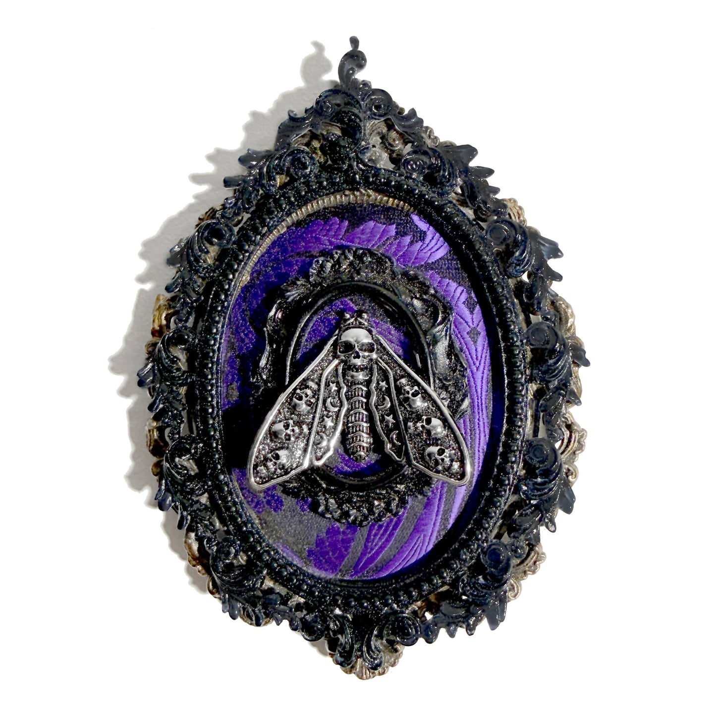 Silver Death Head Moth on Purple and Black Antique Framed Home Deco