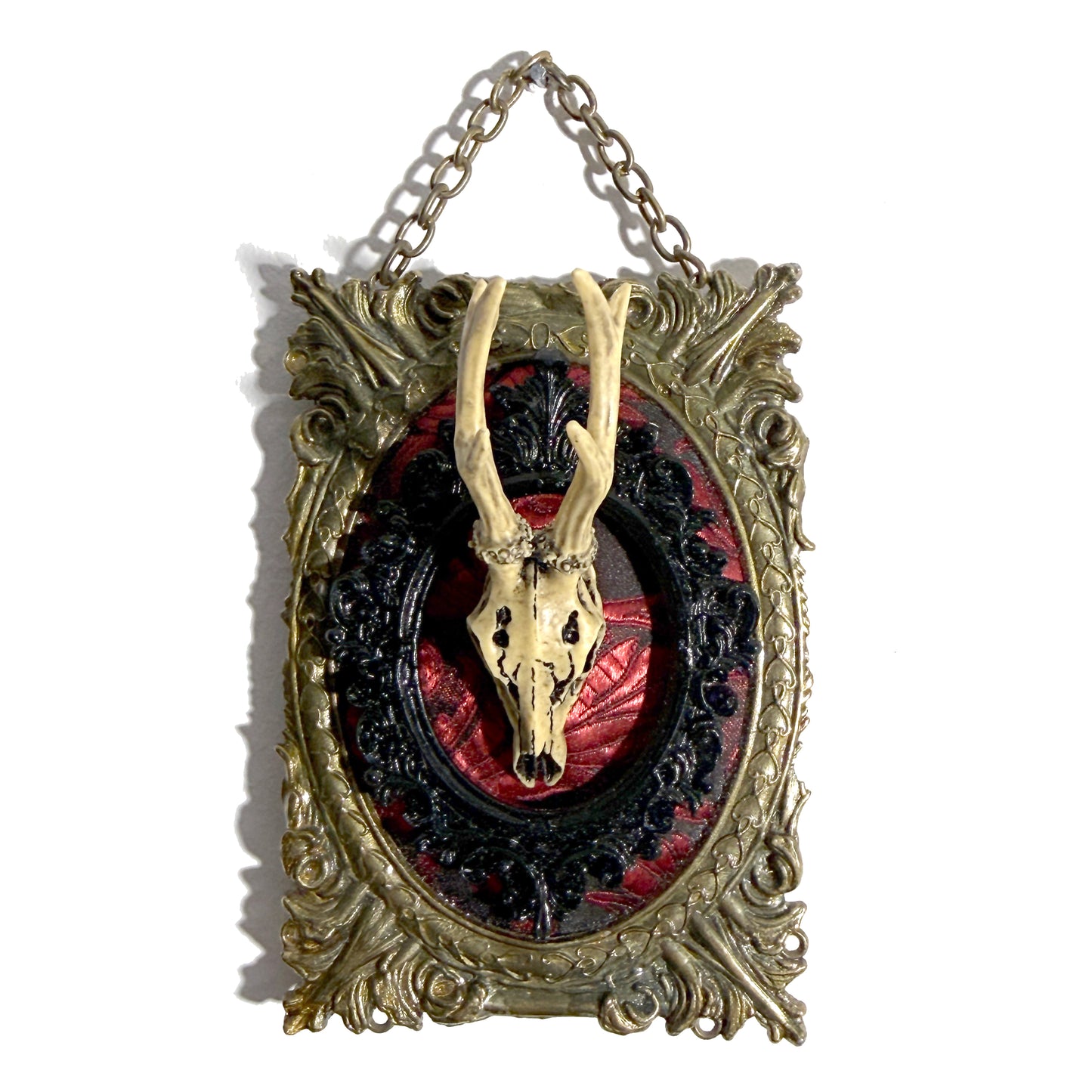 Resin Deer Skull on Red and Black Antique Framed Home Deco