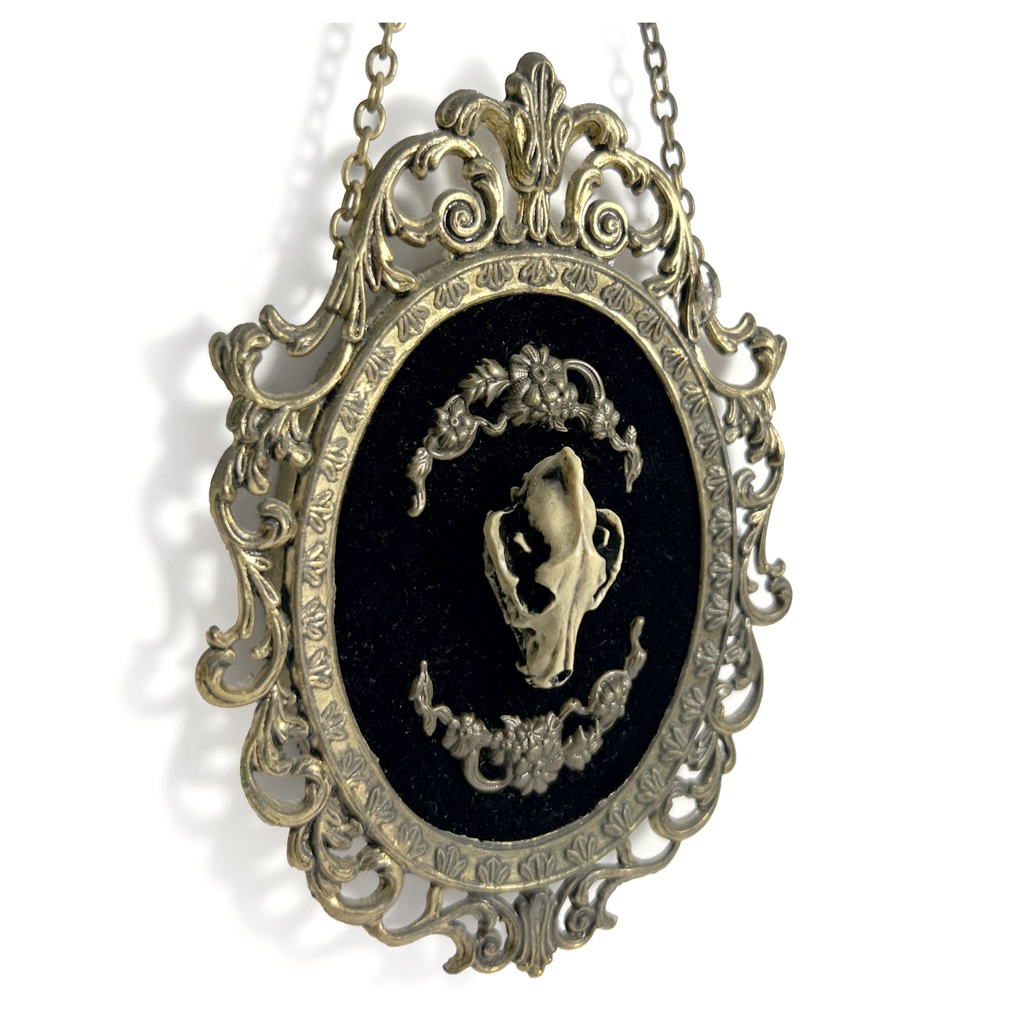 Resin Wolf Skull on Black Velvet Antique Framed Home Deco