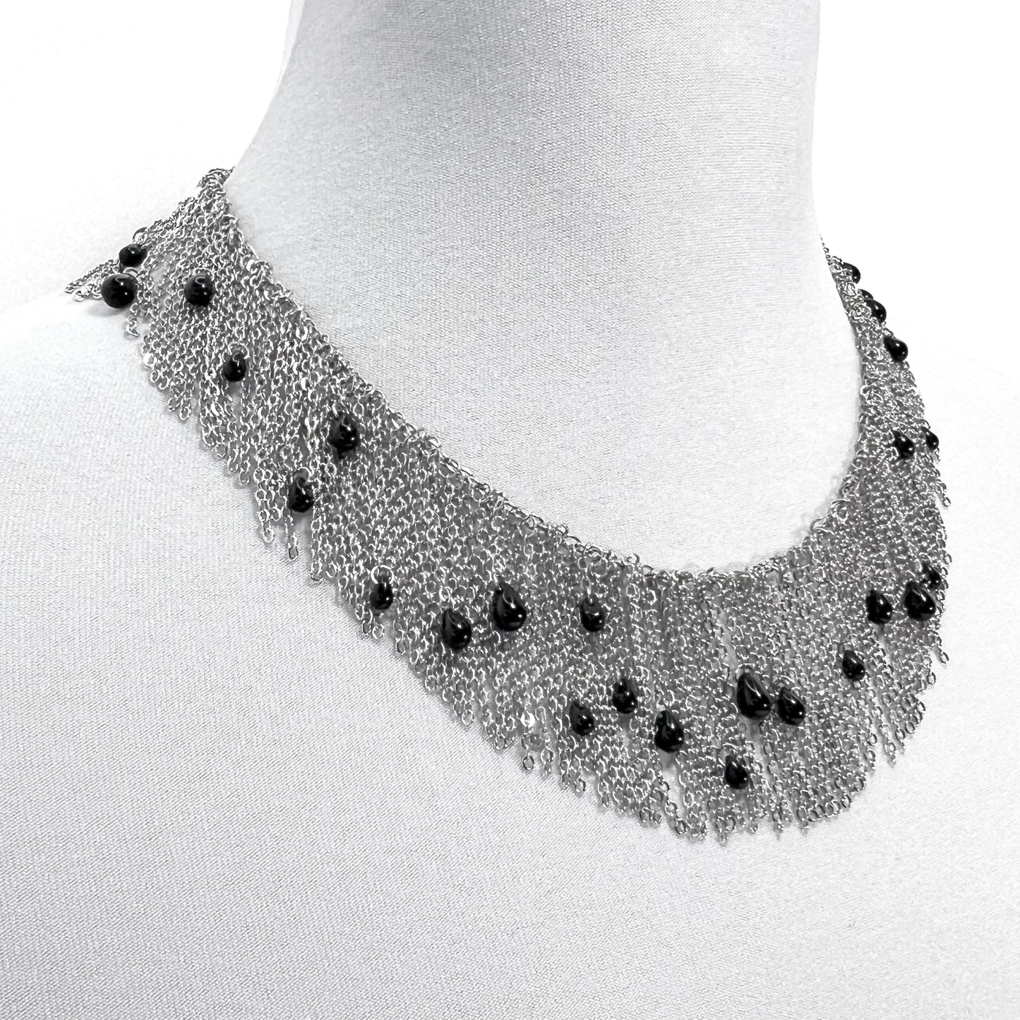 Silver Fringe Chain with Black Czech Beads Necklace