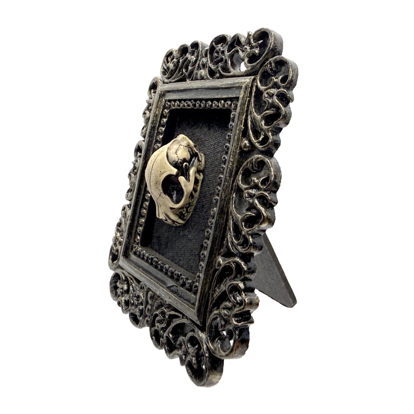 Small Black Gilded Frame with Antiqued Resin Cat Skull on Black Velvet Gothic Home Deco