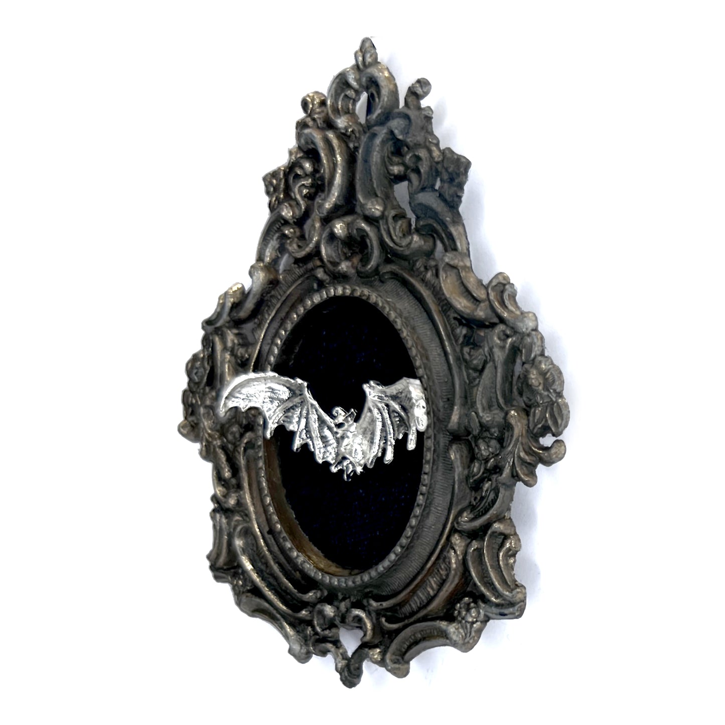 Tiny Silver Flying Bat Antique Framed Gothic Home Deco
