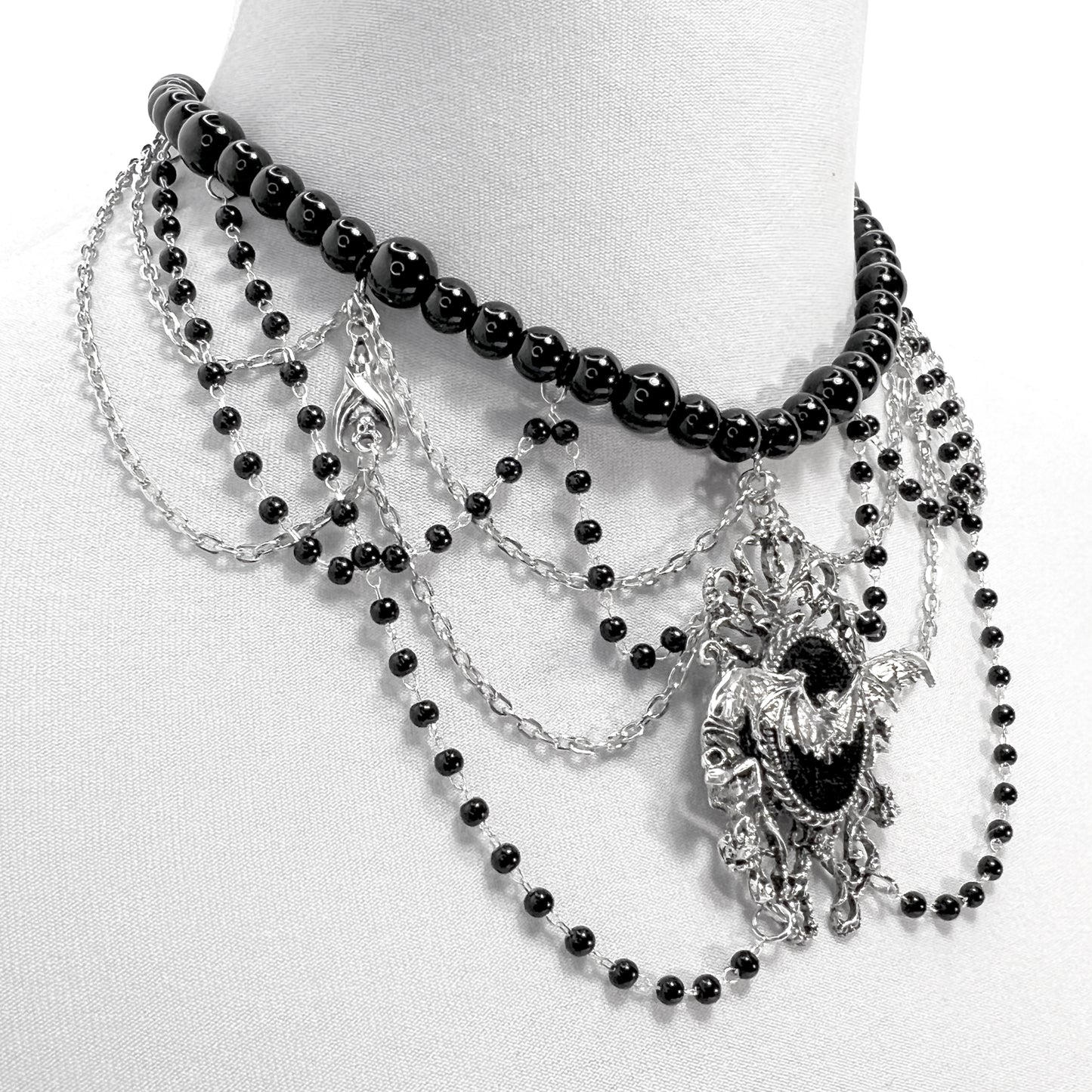 Silver and Black Beaded Gothic Choker Necklace with Bats