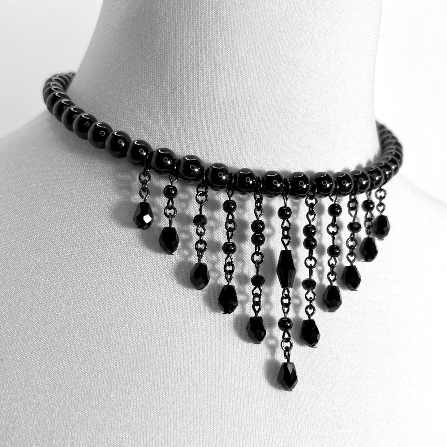 Black Glass Bead Fringe Gothic Choker Necklace