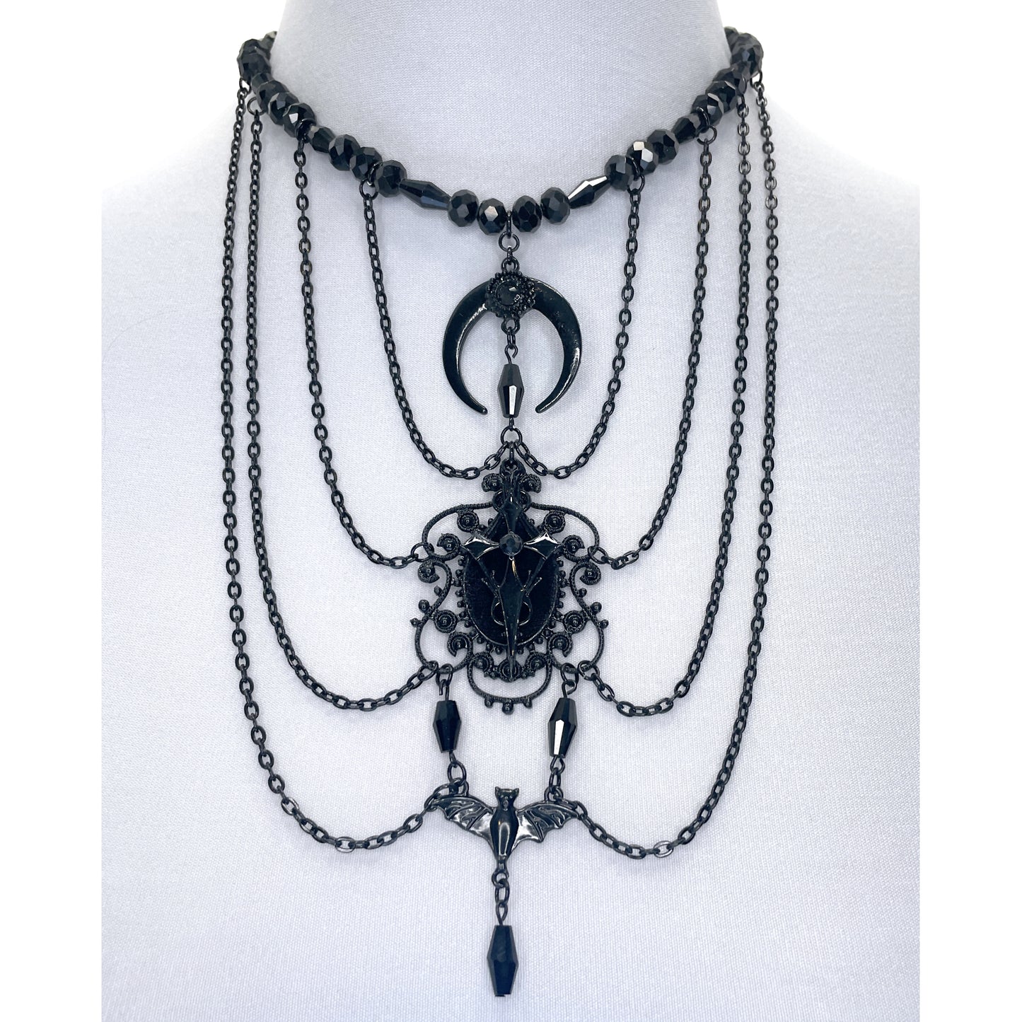 Black Multi-Strand Gothic Necklace with Moon, Cross, and Bat