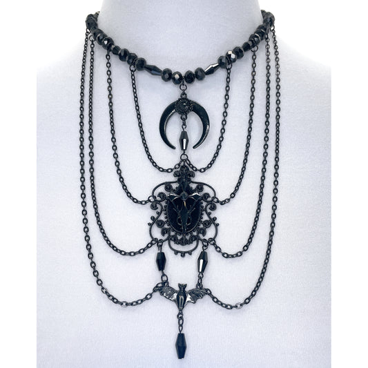 Black Multi-Strand Gothic Necklace with Moon, Cross, and Bat