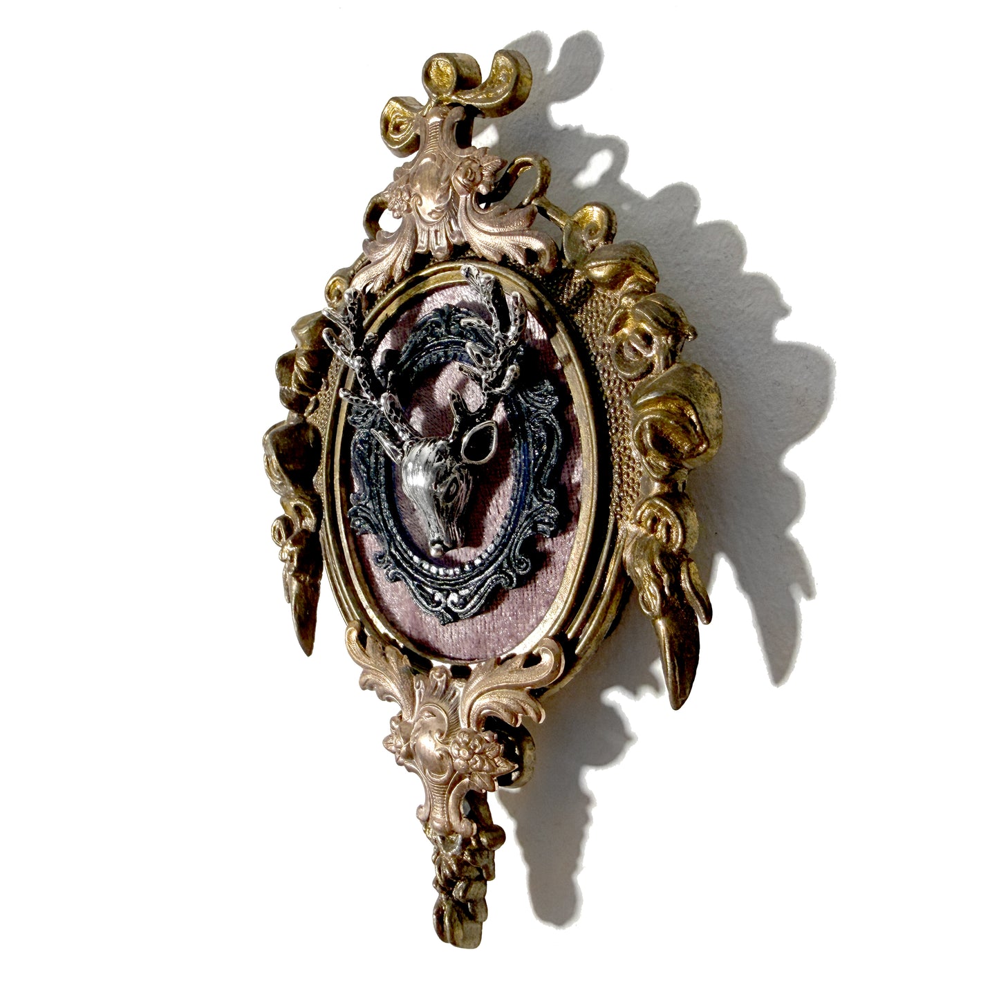 Silver Deer Head on Lavender Velvet Antique Framed Home Deco