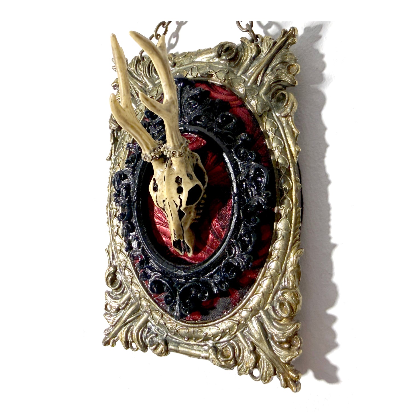 Resin Deer Skull on Red and Black Antique Framed Home Deco