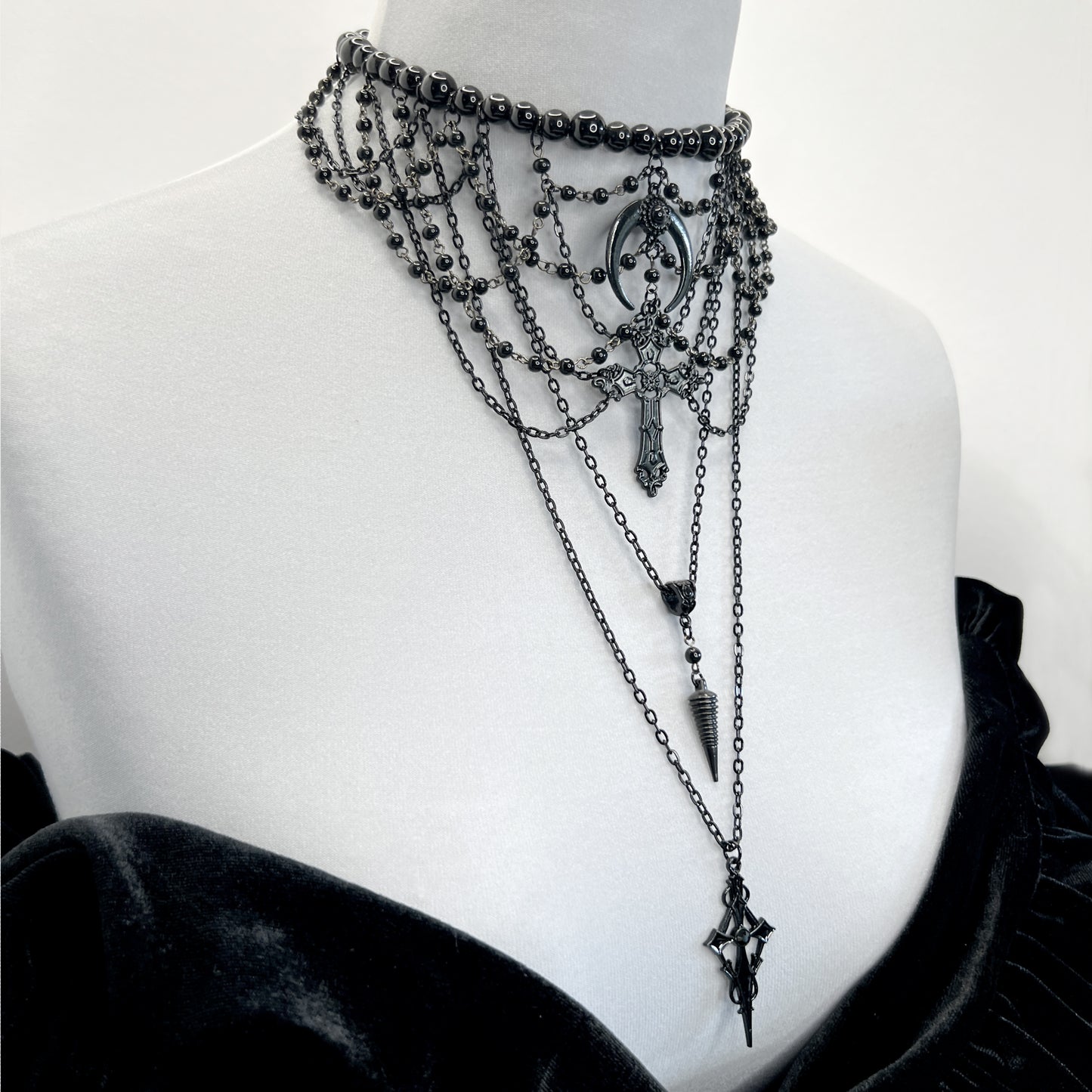 Black Multi-Strand Beaded Gothic Necklace with 4 Pendants