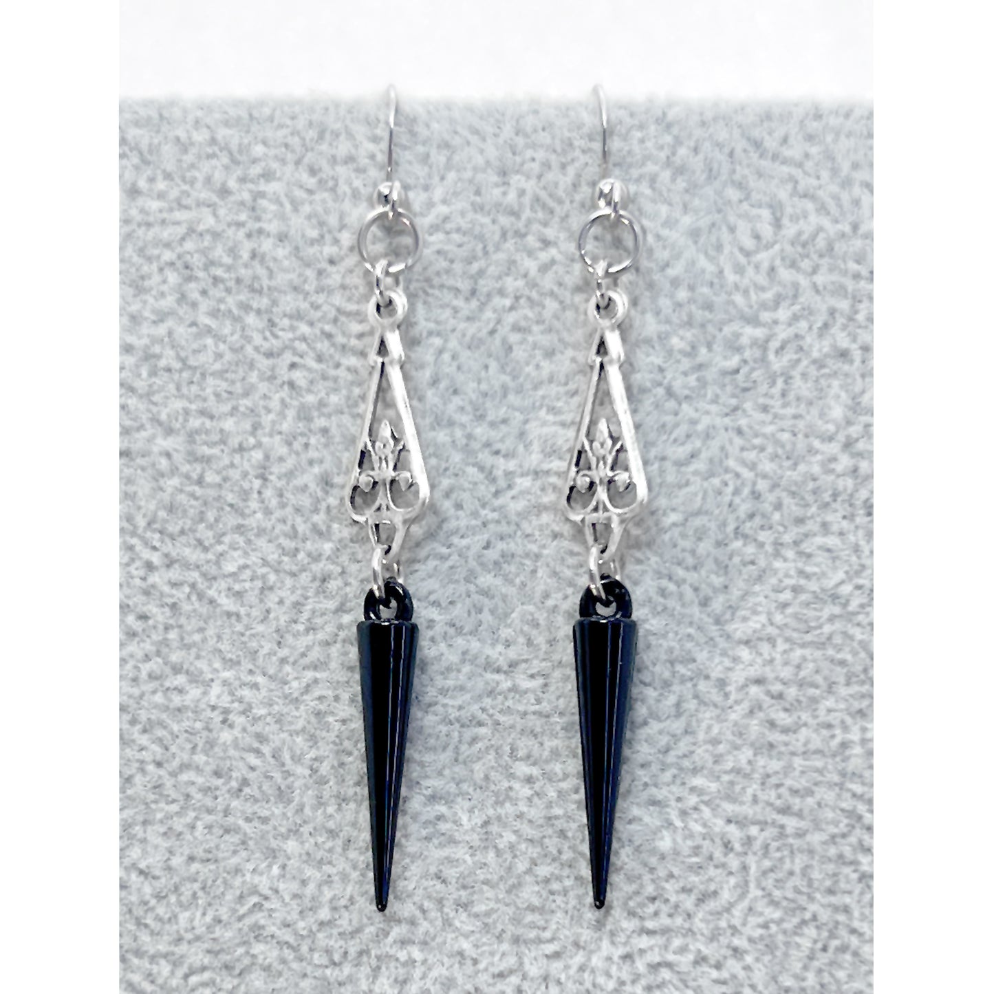 Silver Art Deco Ornament and Black Spike Earrings