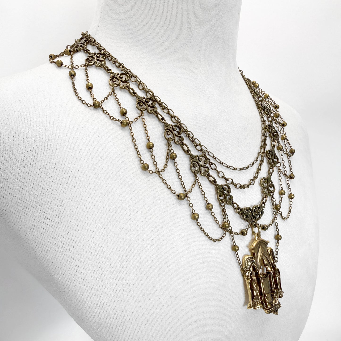 Brass and Vintage Chain Cathedral Pendant Gothic Necklace