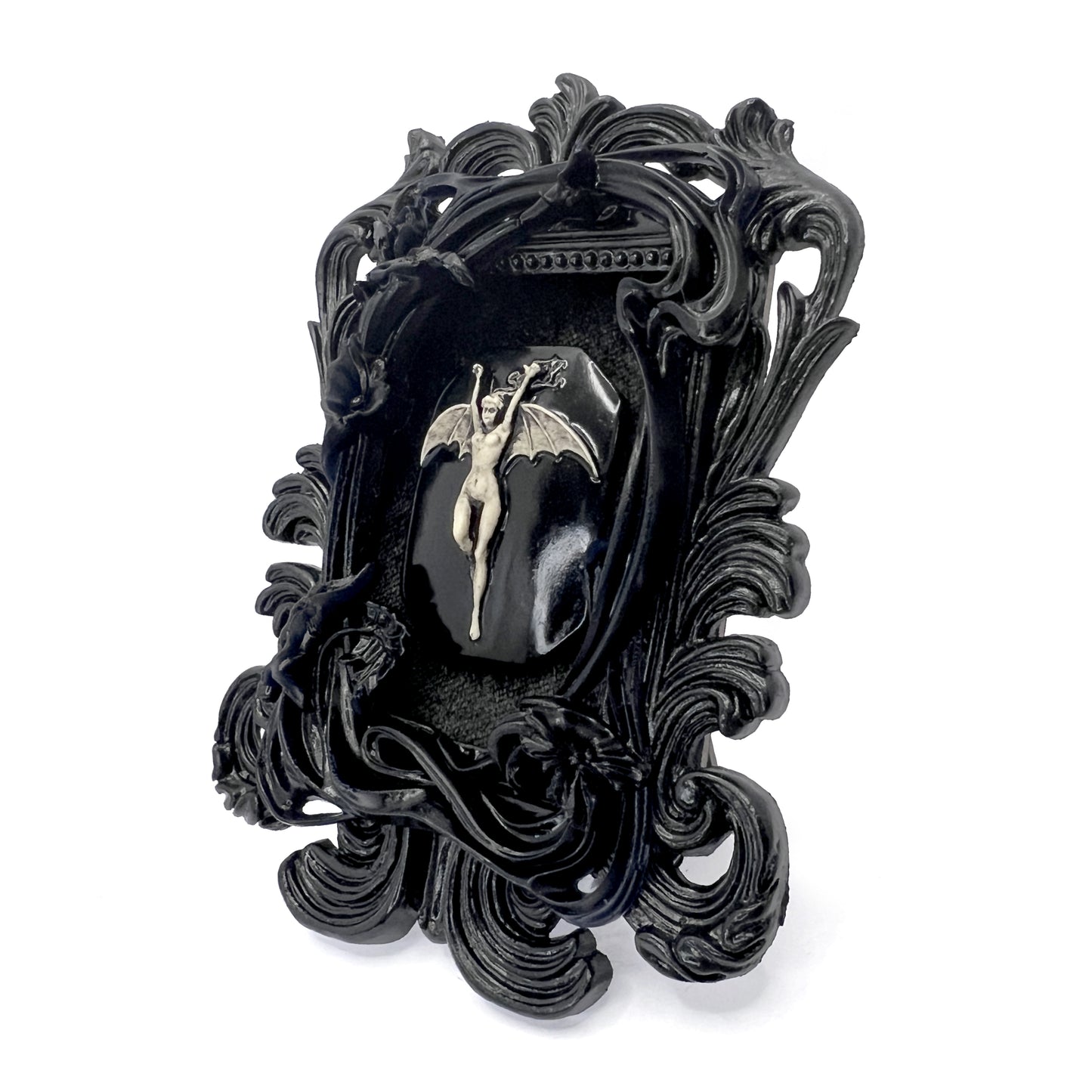 Small Black Resin Square Frame with Bat Woman on Black Velvet Gothic Home Deco