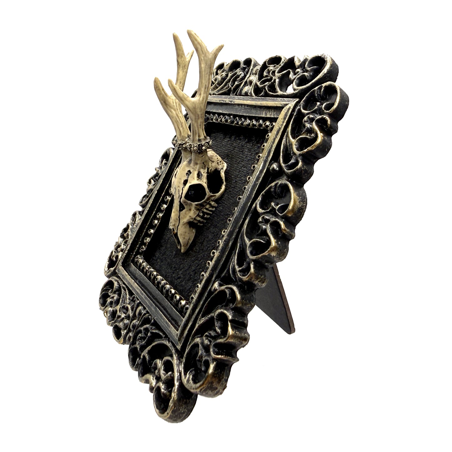 Small Black Gilded Frame with Antiqued Resin Deer Skull on Black Velvet Gothic Home Deco