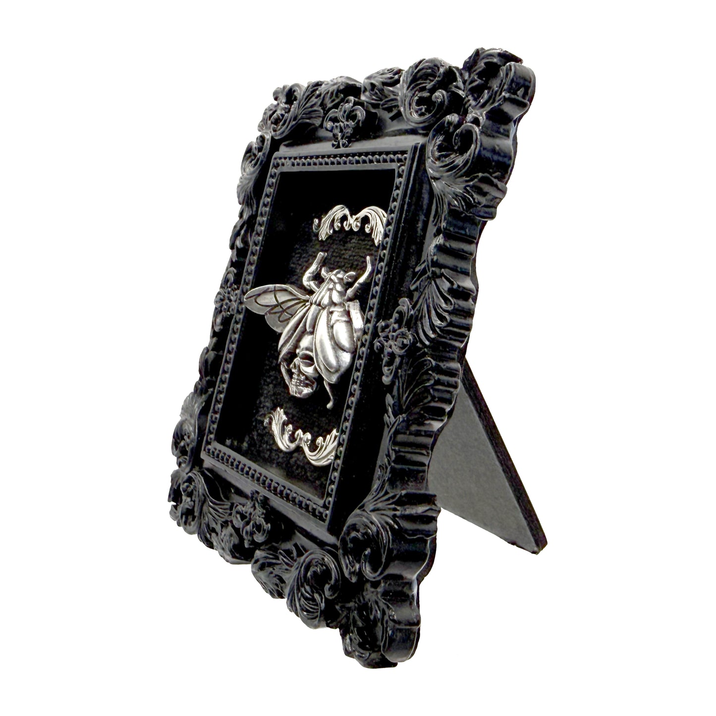 Small Black Resin Frame with Winged Beetle on Black Velvet Gothic Home Deco