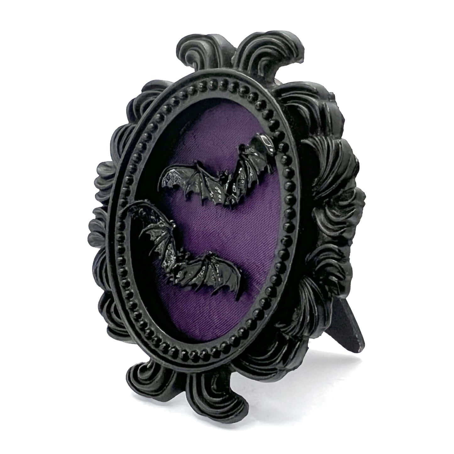 Small Black Resin Oval Frame with Flying Bats on Purple Gothic Home Deco
