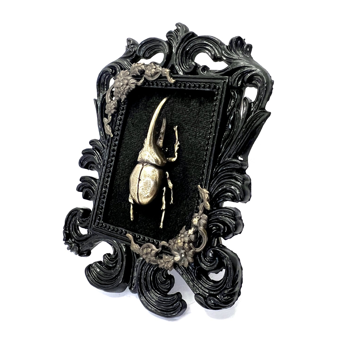 Small Black Resin Square Frame with Brass Beetle on Black Velvet Gothic Home Deco