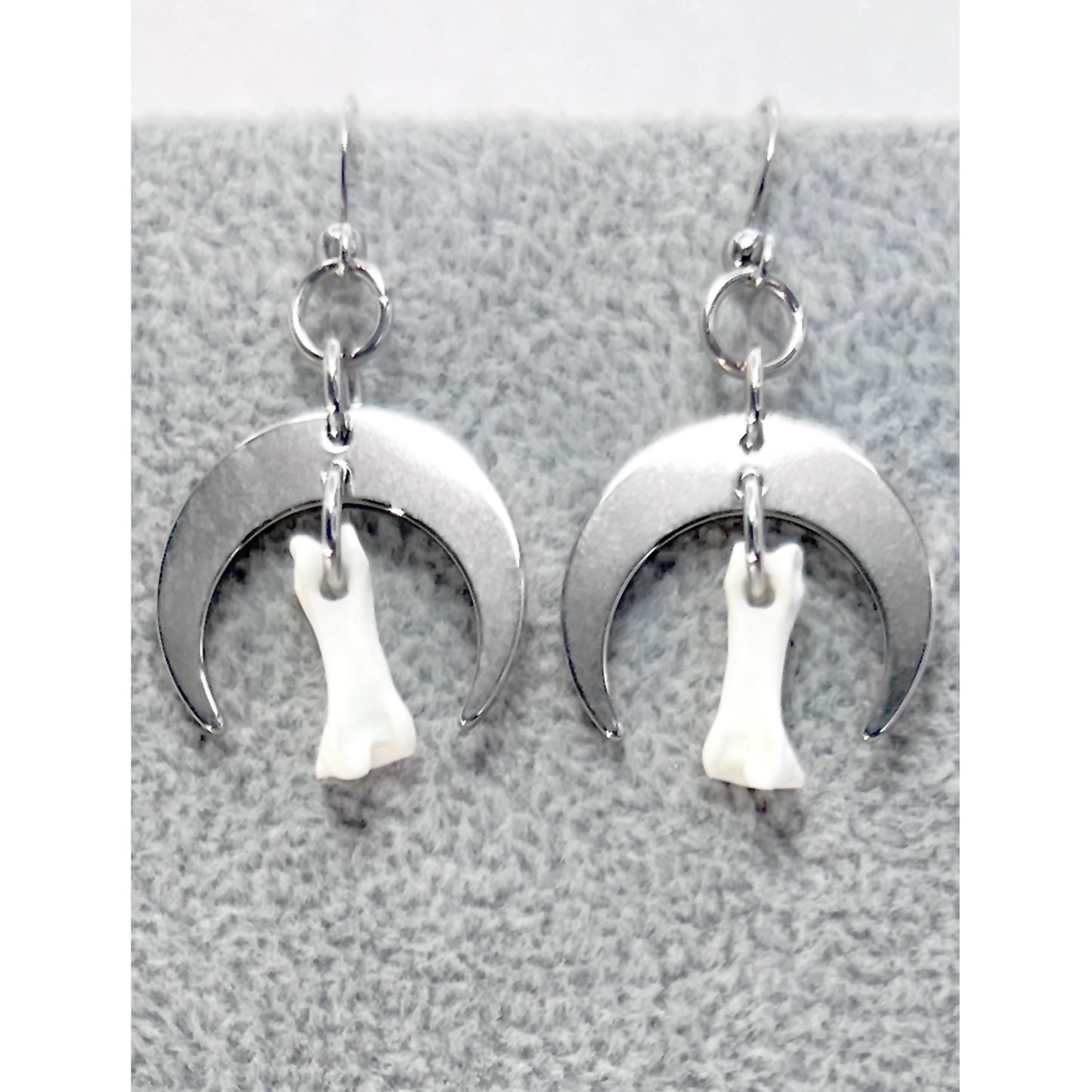 Small Silver Moon and Bone Earrings