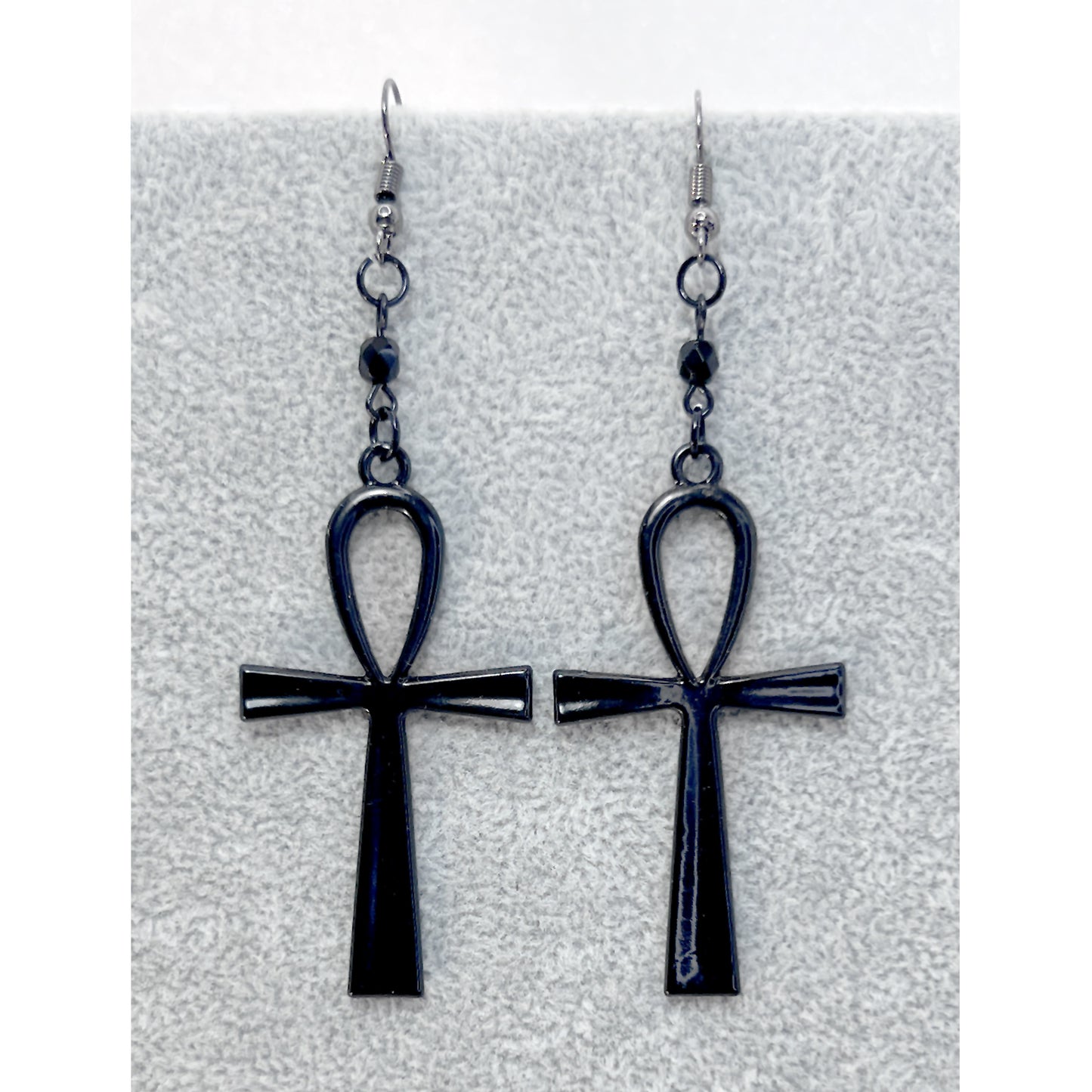 Large Black Ankh and Black Bead Earrings