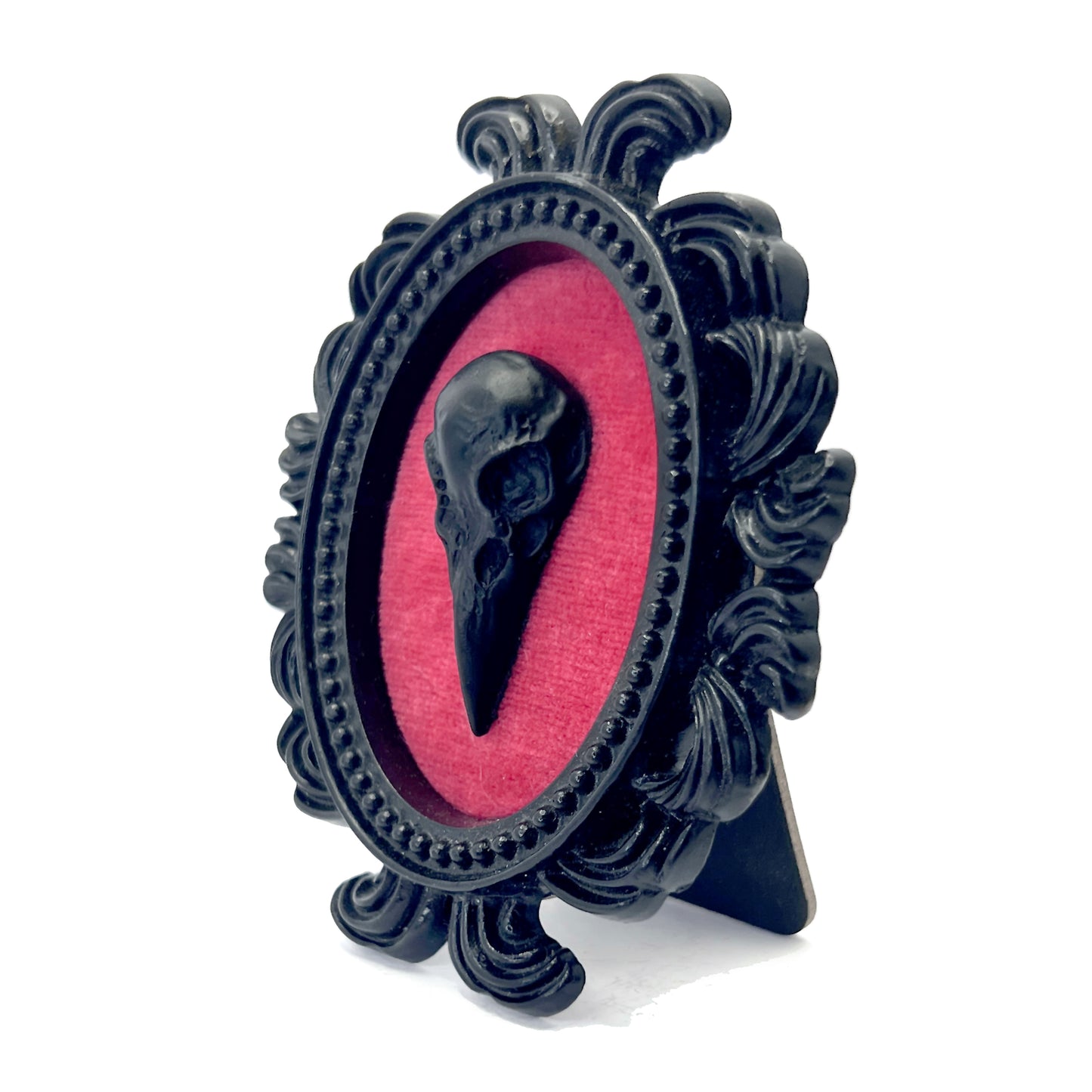 Small Black Oval Frame with Bird Skull on Red Velvet Gothic Home Deco